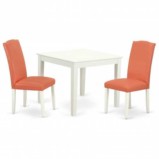 3Pc Square 36" Table, Pair Of Parson Chair, Linen White Leg, Pu Leather Color Pink Flamingo