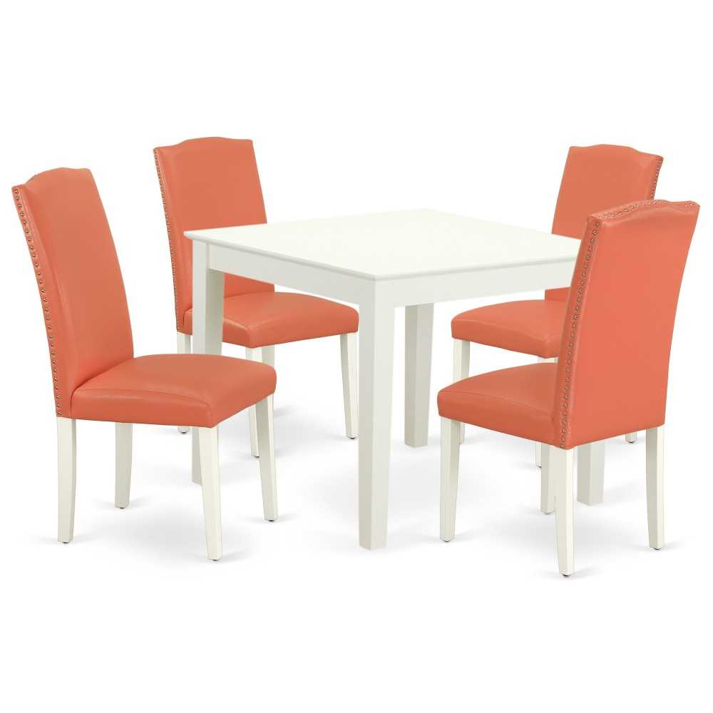 5Pc Square 36" Table, Four Parson Chair, White Leg, Pu Leather Color Pink Flamingo