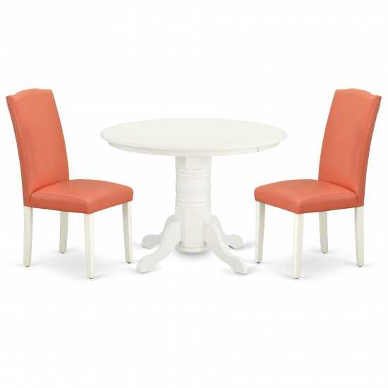 3Pc Round 42" Dinette Table, Pair Of Parson Chair, Linen White Leg, Pu Leather Color Pink Flamingo