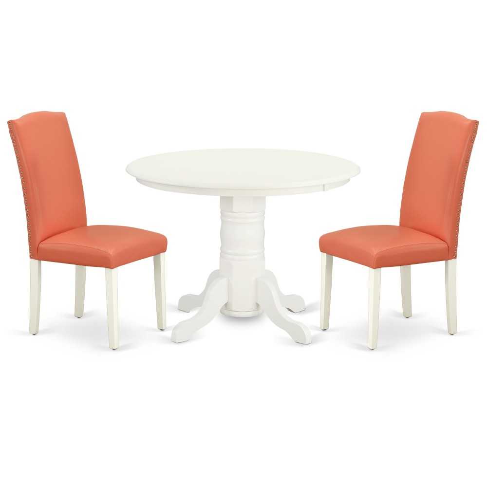 3Pc Round 42" Dinette Table, Pair Of Parson Chair, Linen White Leg, Pu Leather Color Pink Flamingo