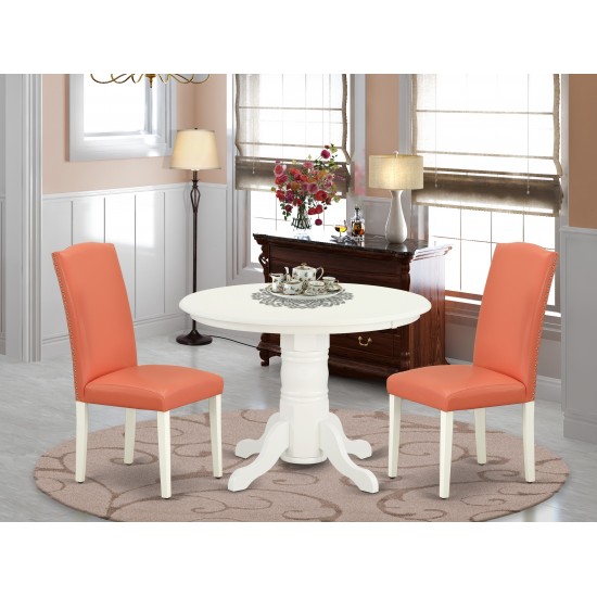 3Pc Round 42" Dinette Table, Pair Of Parson Chair, Linen White Leg, Pu Leather Color Pink Flamingo