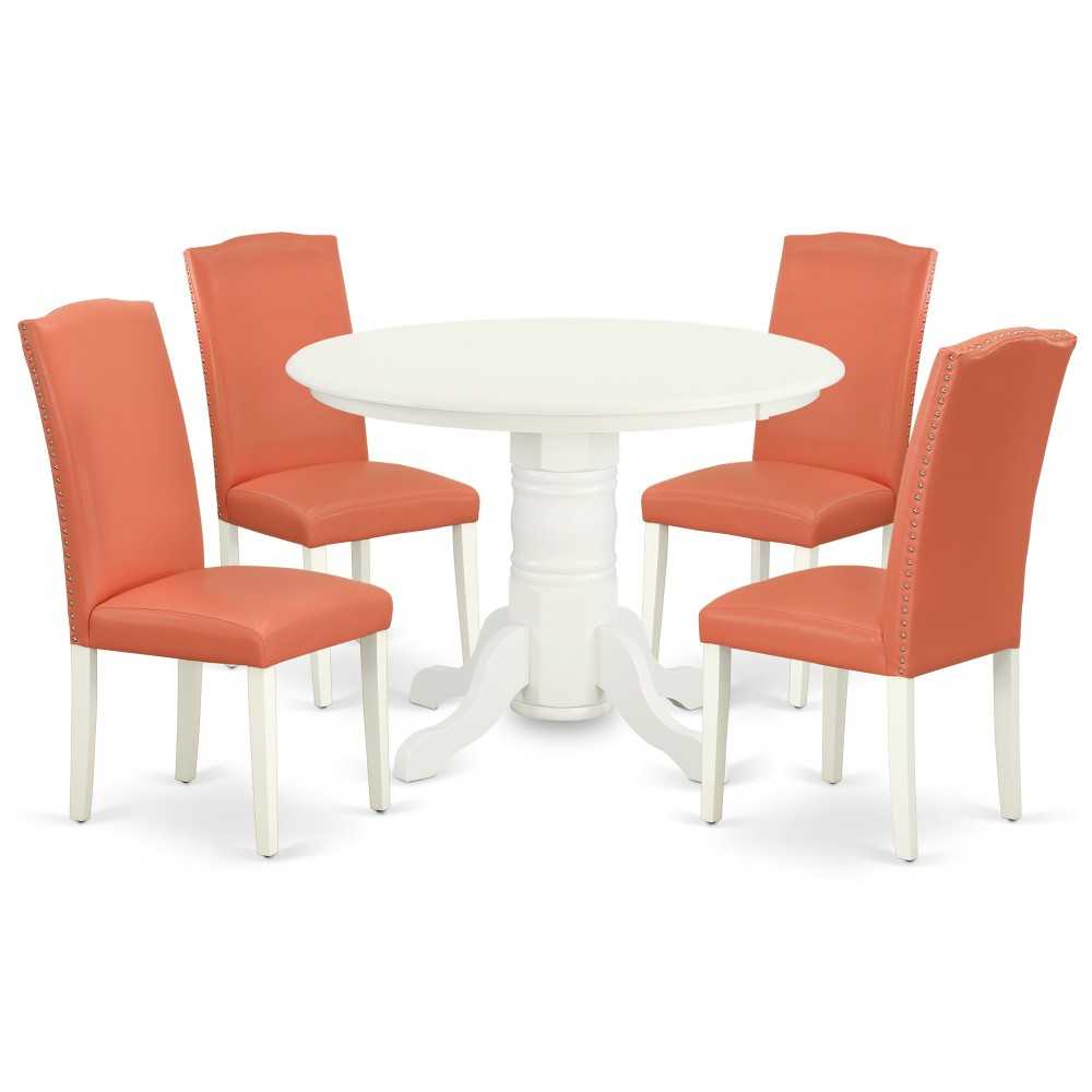 5Pc Rounded 42" Dining Table, Four Parson Chair, Linen White Leg, Pu Leather Color Pink Flamingo