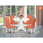 5Pc Rounded 42" Dining Table, Four Parson Chair, Linen White Leg, Pu Leather Color Pink Flamingo