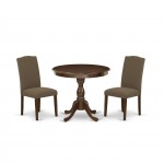 3Pc Wood Dining Set, 1 Round Pedestal Table, 2 Dark Coffee Chairs, Mahogany