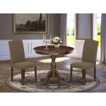 3Pc Wood Dining Set, 1 Round Pedestal Table, 2 Dark Coffee Chairs, Mahogany