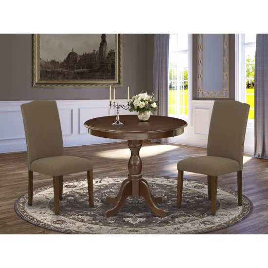 3Pc Wood Dining Set, 1 Round Pedestal Table, 2 Dark Coffee Chairs, Mahogany