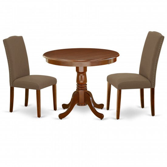 3Pc Rounded 36" Dining Table, 2 Parson Chair, Mahogany Leg, Fabric Dark Coffee