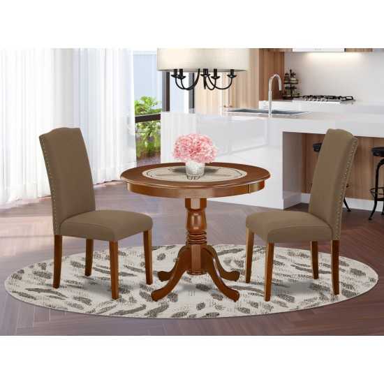 3Pc Rounded 36" Dining Table, 2 Parson Chair, Mahogany Leg, Fabric Dark Coffee