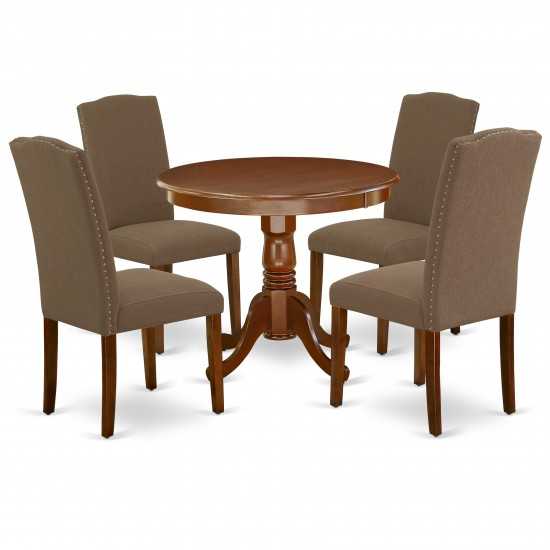 5Pc Round 36" Table And 4 Parson Chair, Mahogany Leg And Fabric Dark Coffee