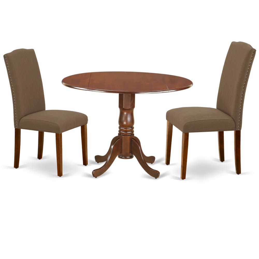 3Pc Round 42" Kitchen Table, Two 9-Inch Drop Leaves, Pair Of Parson Chair, Mahogany Leg, Dark Coffee