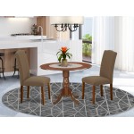 3Pc Round 42" Kitchen Table, Two 9-Inch Drop Leaves, Pair Of Parson Chair, Mahogany Leg, Dark Coffee