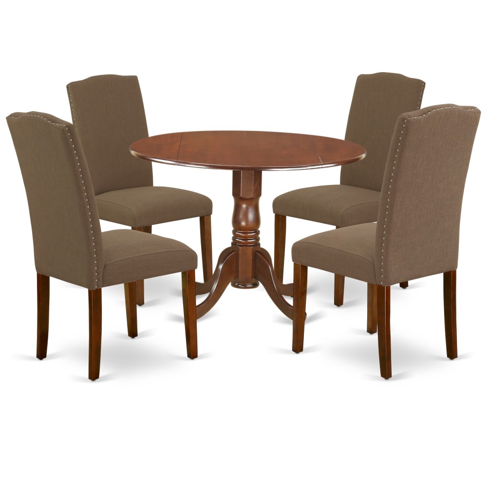 5Pc Round 42" Kitchen Table, Two 9-Inch Drop Leaves, Four Parson Chair, Mahogany Leg, Dark Coffee