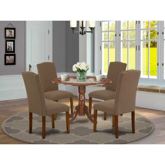 5Pc Round 42" Kitchen Table, Two 9-Inch Drop Leaves, Four Parson Chair, Mahogany Leg, Dark Coffee