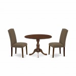 3Pc Dining Set, 1 Drop Leaves Table, 2 Dark Coffee Upholstered Chair High Back, Nail Heads, Mahogany Finish