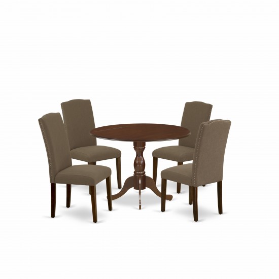 5Pc Dining Set, 1 Drop Leaves Wood Table, 4 Dark Coffee Upholstered Chair High Back, Nail Heads, Mahogany Finish