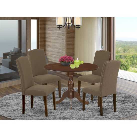 5Pc Dining Set, 1 Drop Leaves Wood Table, 4 Dark Coffee Upholstered Chair High Back, Nail Heads, Mahogany Finish