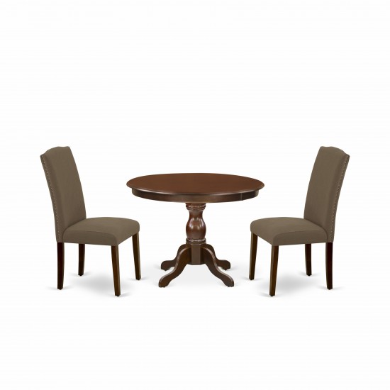 3Pc Dining Set, Mahogany Table, 2 Dark Coffee Upholstered Chairs Back, Nail Heads, Mahogany Finish