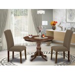 3Pc Dining Set, Mahogany Table, 2 Dark Coffee Upholstered Chairs Back, Nail Heads, Mahogany Finish