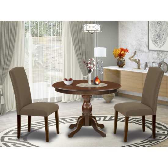 3Pc Dining Set, Mahogany Table, 2 Dark Coffee Upholstered Chairs Back, Nail Heads, Mahogany Finish