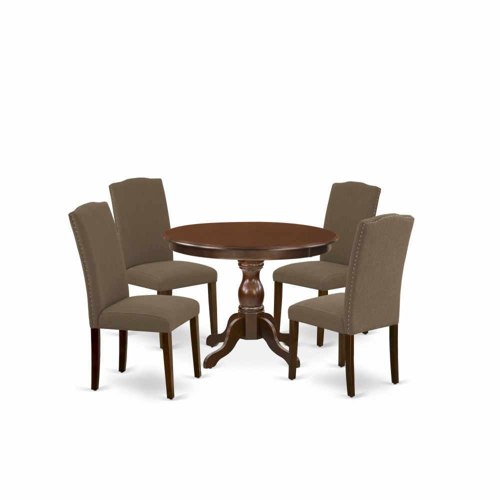 5Pc Kitchen Set, Mahogany Dining Table, 4 Dark Coffee Kitchen & Dining Chairs Back, Nail Heads, Mahogany Finish