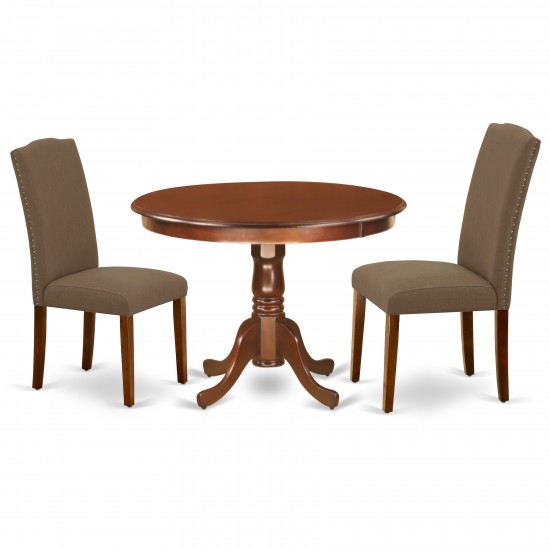 3Pc Rounded 42" Dining Table, 2 Parson Chair, Mahogany Leg, Fabric Dark Coffee