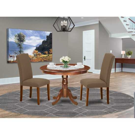 3Pc Rounded 42" Dining Table, 2 Parson Chair, Mahogany Leg, Fabric Dark Coffee