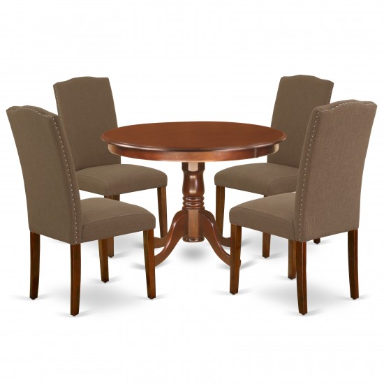 5Pc Round 42" Dinette Table, Four Parson Chair, Mahogany Leg, Fabric Dark Coffee