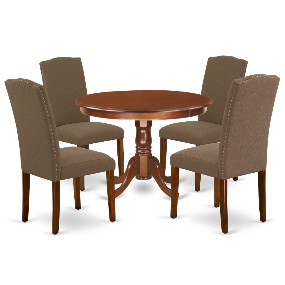 5Pc Round 42" Dinette Table, Four Parson Chair, Mahogany Leg, Fabric Dark Coffee