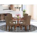 5Pc Round 42" Dinette Table, Four Parson Chair, Mahogany Leg, Fabric Dark Coffee