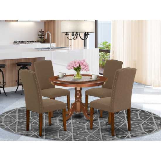 5Pc Round 42" Dinette Table, Four Parson Chair, Mahogany Leg, Fabric Dark Coffee