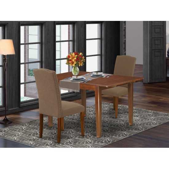 3Pc Rectangular 42/54" Dining Table, 12 In Butterfly Leaf, Pair Of Parson Chair, Mahogany Leg, Dark Coffee