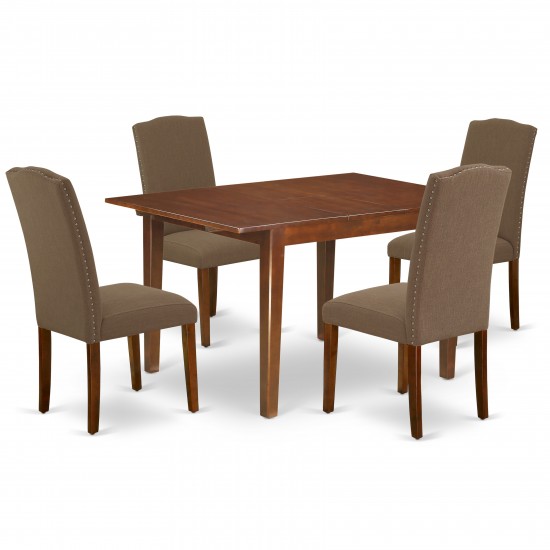 5Pc 42/54" Dining Table, 12 In Self Storing Butterfly Leaf, Four Parson Chair, Mahogany Leg, Dark Coffee