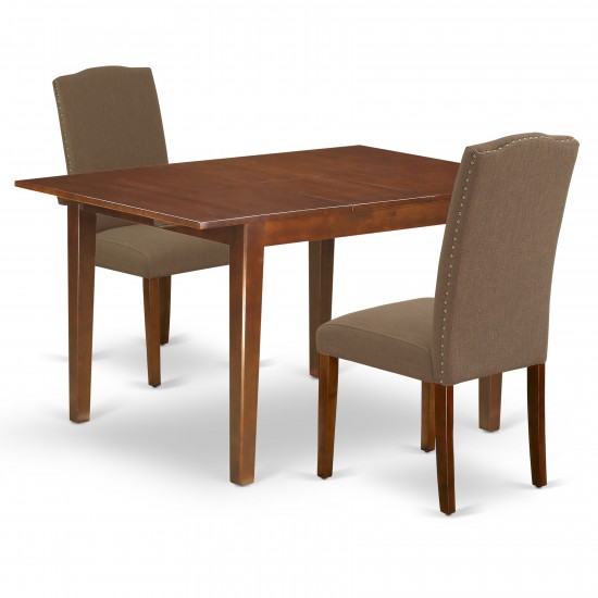 3Pc Rectangular 42/53.5" Table, 12 In Butterfly Leaf, Pair Of Parson Chair, Mahogany Leg, Dark Coffee