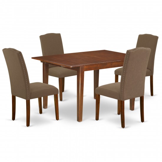 5Pc Rectangle 42/53.5" Dinette Table, 12 In Leaf, Four Parson Chair, Mahogany Leg, Dark Coffee