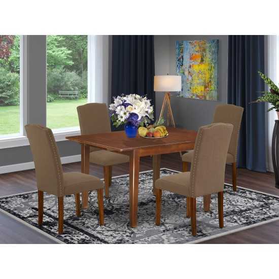 5Pc Rectangle 42/53.5" Dinette Table, 12 In Leaf, Four Parson Chair, Mahogany Leg, Dark Coffee