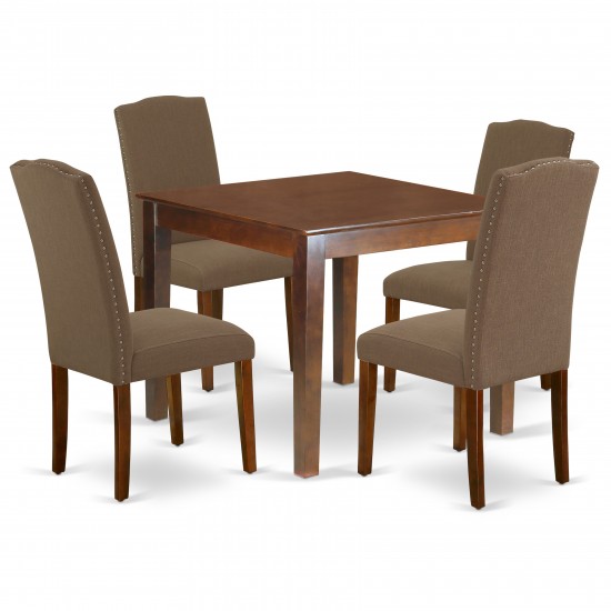 5Pc Square 36" Table And Four Parson Chair, Mahogany Leg And Fabric Dark Coffee