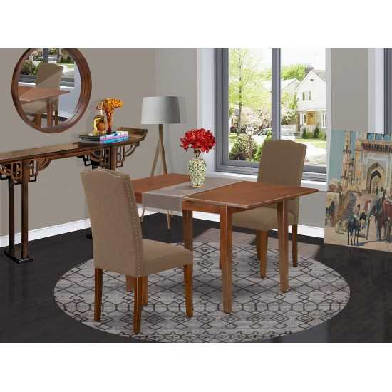 3Pc Rectangular 48/60" Dinette Table, 12 In Self Storing Butterfly Leaf, 2 Parson Chair, Mahogany Leg, Dark Coffee