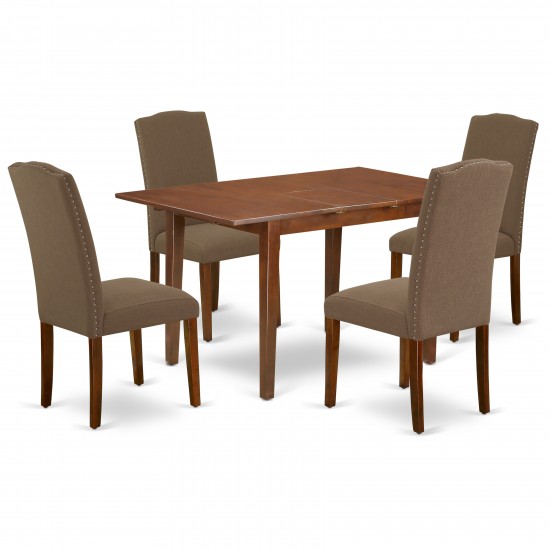 5Pc Rectangle 48/60" Kitchen Table, 12 In Butterfly Leaf, 4 Parson Chair, Mahogany Leg, Dark Coffee