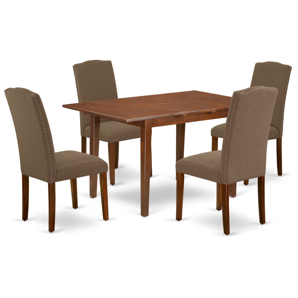 5Pc Rectangle 48/60" Kitchen Table, 12 In Butterfly Leaf, 4 Parson Chair, Mahogany Leg, Dark Coffee