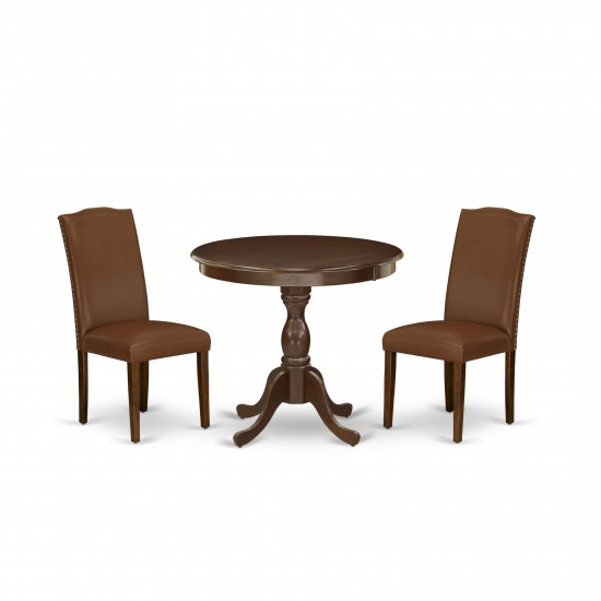 3 Pc Dinette Sets, 1 Table, 2 Brown Faux Leather Upholstered Chair High Back, Nail Heads, Mahogany Finish