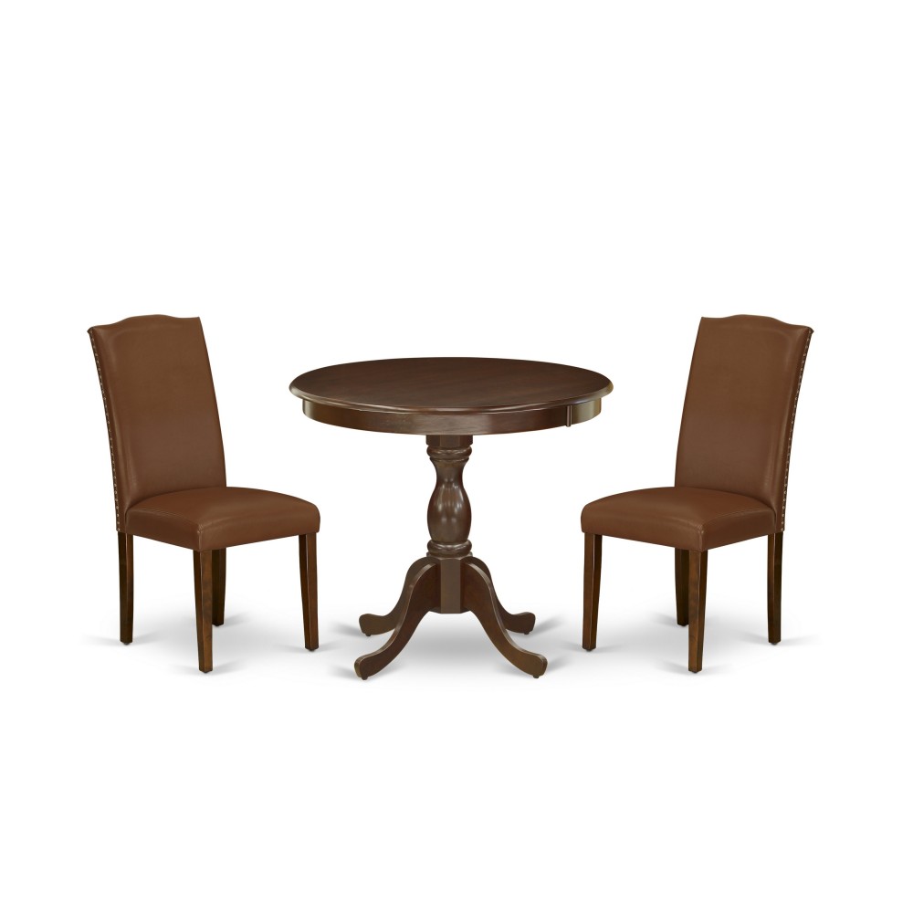 3 Pc Dinette Sets, 1 Table, 2 Brown Faux Leather Upholstered Chair High Back, Nail Heads, Mahogany Finish