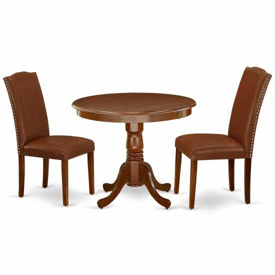 3Pc Rounded 36" Dining Table, 2 Parson Chair, Mahogany Leg, Brown Flaux Leather