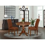 3Pc Rounded 36" Dining Table, 2 Parson Chair, Mahogany Leg, Brown Flaux Leather