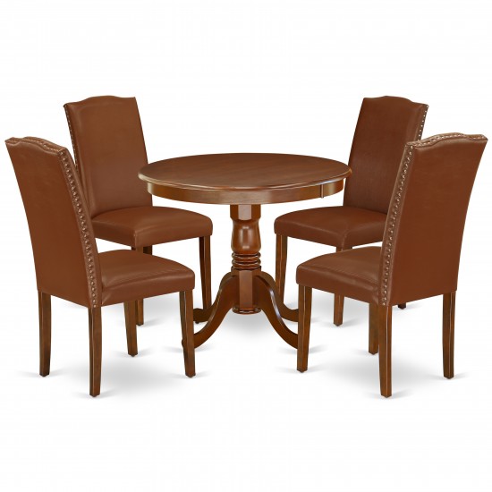 5Pc Round 36" Table And 4 Parson Chair, Mahogany Leg And Brown Flaux Leather