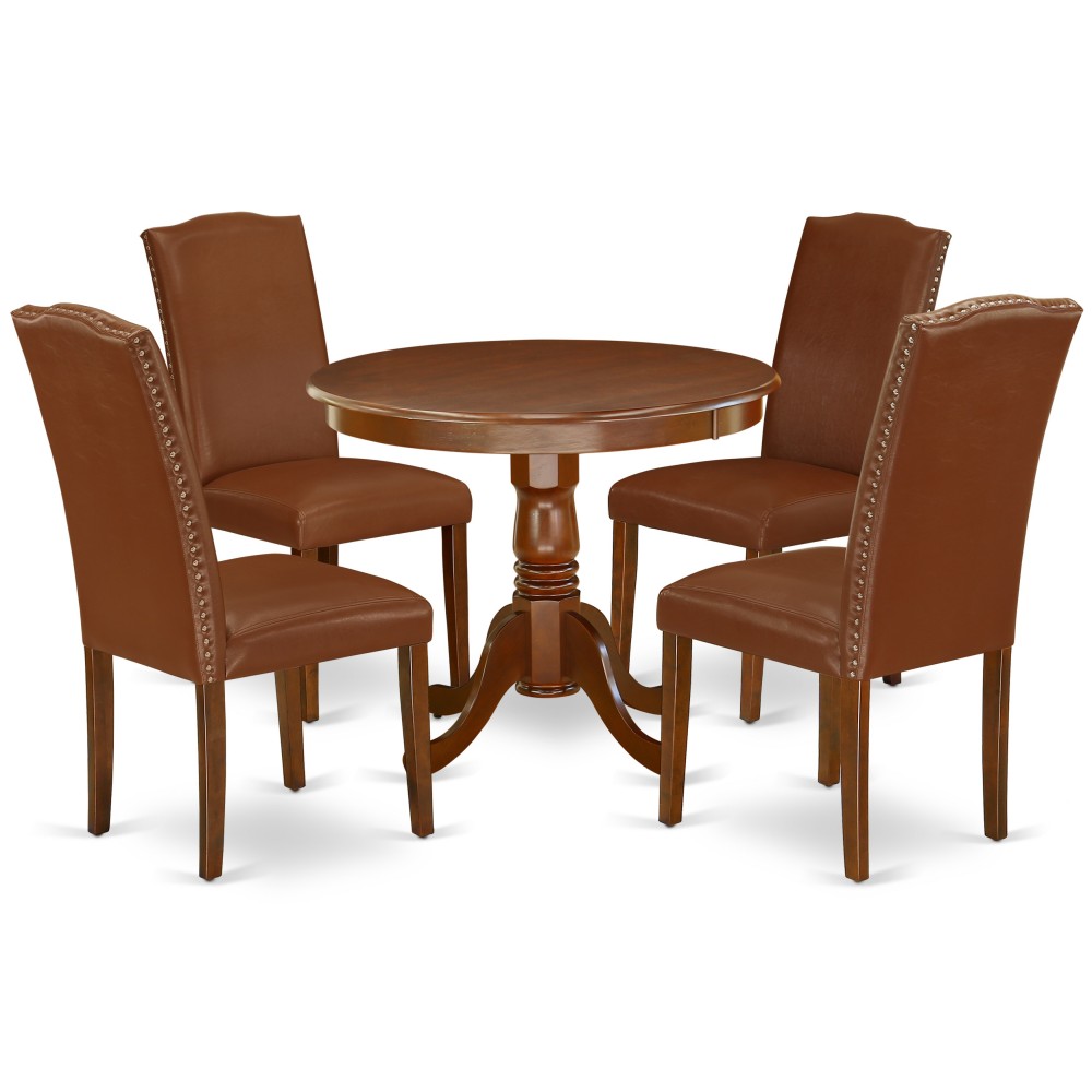 5Pc Round 36" Table And 4 Parson Chair, Mahogany Leg And Brown Flaux Leather
