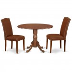 3Pc Round 42" Kitchen Table, Two 9-Inch Drop Leaves, Pair Of Parson Chair, Mahogany Leg, Brown Flaux Leather