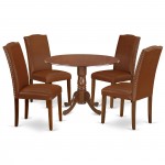 5Pc Round 42" Kitchen Table, Two 9-Inch Drop Leaves, Four Parson Chair, Mahogany Leg, Brown Flaux Leather