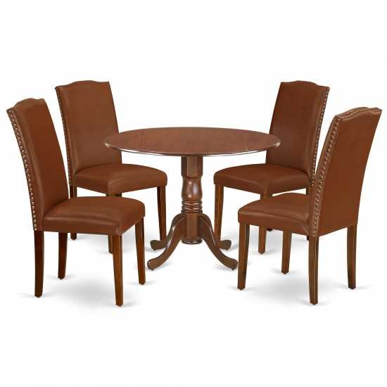 5Pc Round 42" Kitchen Table, Two 9-Inch Drop Leaves, Four Parson Chair, Mahogany Leg, Brown Flaux Leather