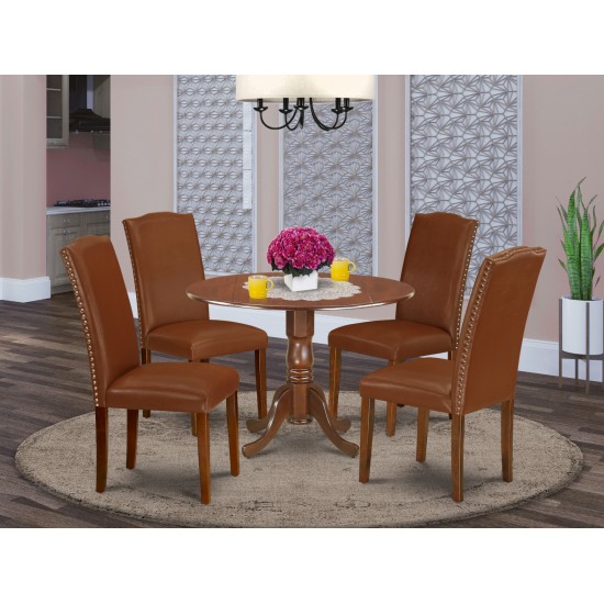 5Pc Round 42" Kitchen Table, Two 9-Inch Drop Leaves, Four Parson Chair, Mahogany Leg, Brown Flaux Leather