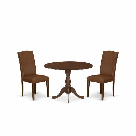 3Pc Dining Set, 1 Drop Leaves Table, 2 Brown Faux Leather Chairs High Back, Nail Heads, Mahogany Finish